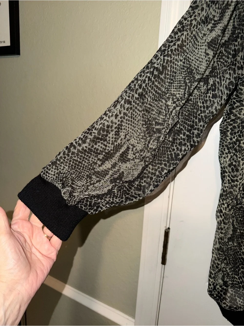 Free People Black and Green Sheer Snakeskin Lori Bomber Jacket with‎ Knit Trim